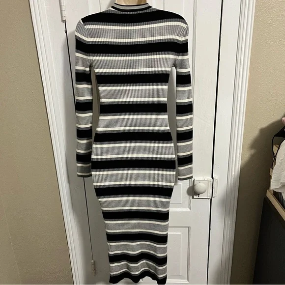 Theory Single Stripe Black Ivory Empire Wool Midi Sweater Dress Size P US XS I - Picture 3 of 7